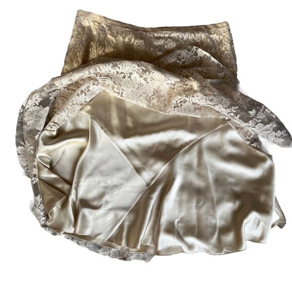 Lisa Baday Skirt 10 Metallic Peach Floral Lace Over Cream Silk A Line Zip Canada - Picture 10 of 13